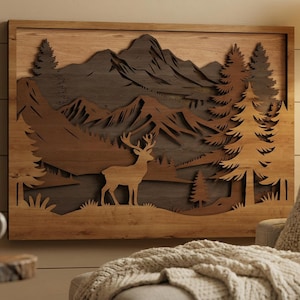 Fichiers découpés au laser : couche de cerfs montagne SVG, DXF, scène de forêt, paysage animalier, art mural Nature