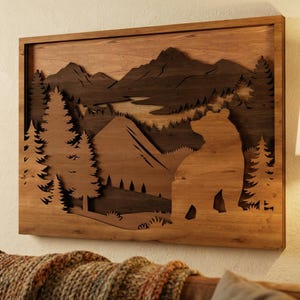 Laser Cut Files : Layered Bear SVG, DXF, Wildlife Scene, Mountain River, Forest Landscape