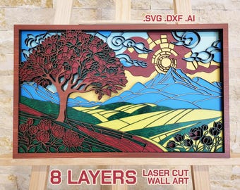Laser Cut Files : Layered Summer Landscape SVG, DXF, Vector, Template, 3D Tree Wall Art