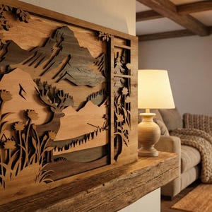 May include: Wooden wall art featuring a mountain landscape with a deer, flowers, and a window design. The artwork is made of layered wood in shades of brown and is displayed above a wooden mantel.