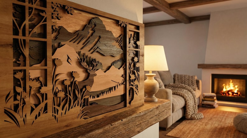 May include: Wooden wall art featuring a mountain landscape with a deer, flowers, and a window design. The artwork is made of layered wood in shades of brown and is displayed above a wooden mantel.