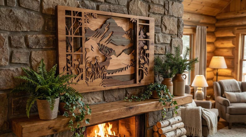 May include: A wooden wall art piece depicting a mountain scene with a deer, framed by a window design. The artwork is mounted above a fireplace with a roaring fire, flanked by potted plants and greenery. The room has a rustic, cabin-like aesthetic.