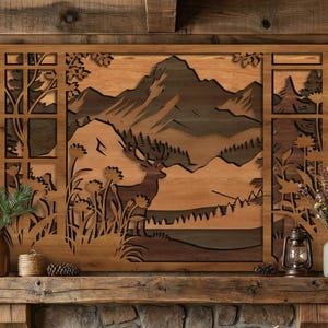 May include: A large wooden wall art piece depicting a mountain landscape with a deer. The artwork is made of layered wood in shades of brown, green, and tan. It is mounted above a stone fireplace, with shelves on either side.