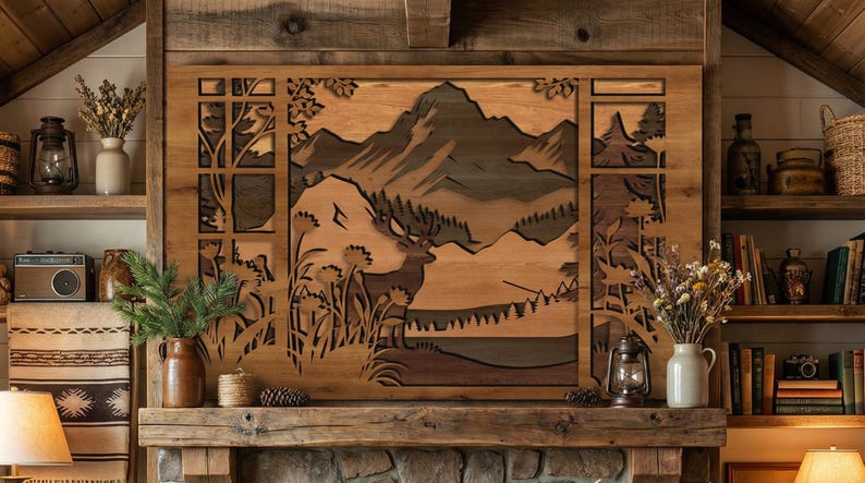 May include: A large wooden wall art piece depicting a mountain landscape with a deer. The artwork is made of layered wood in shades of brown, green, and tan. It is mounted above a stone fireplace, with shelves on either side.