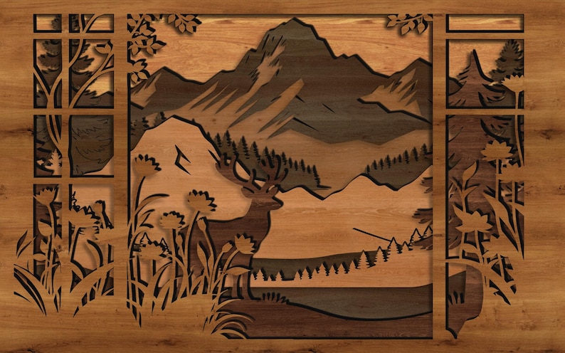May include: Wooden wall art featuring a mountain landscape with a deer, trees, and flowers. The artwork is framed with a window-like design, showcasing a layered effect with varying shades of brown and tan.