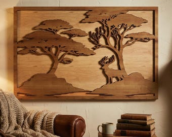 Laser Cut Files : Layered Deer Stag SVG, DXF, Vector, Template, Forest Woodland, Wall Art