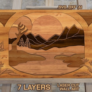 Laserschnitt-Dateien: Geschichtete See-Szene SVG, DXF, Vektor, Vorlage, rustikale Landschaft, Wandkunst