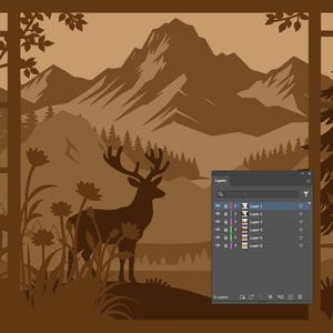 May include: A brown paper cut-out design of a mountain landscape with a deer, trees, and flowers. The scene is framed by a window, with a software interface visible in the lower right corner. The artwork is in shades of brown.