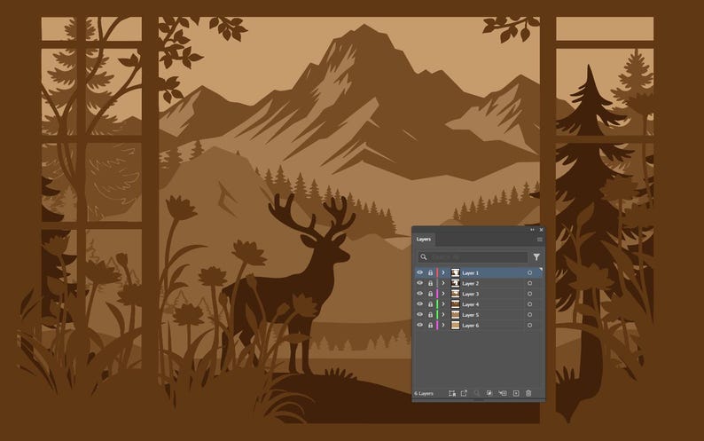 May include: A brown paper cut-out design of a mountain landscape with a deer, trees, and flowers. The scene is framed by a window, with a software interface visible in the lower right corner. The artwork is in shades of brown.