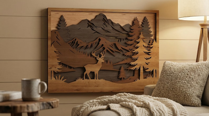 Laser Cut Files : Layered Deer Mountain SVG, DXF, Forest Scene, Wildlife Landscape, Nature WallArt image 1