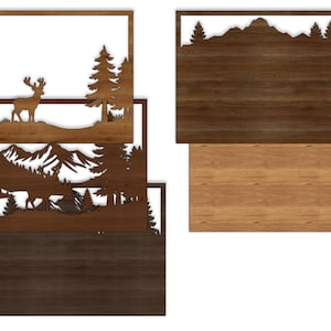 May include: Wooden wall art pieces featuring nature scenes. One piece depicts a deer in a forest, another shows mountains and trees, and a third showcases a mountain range. The art is made of wood and has a natural finish.