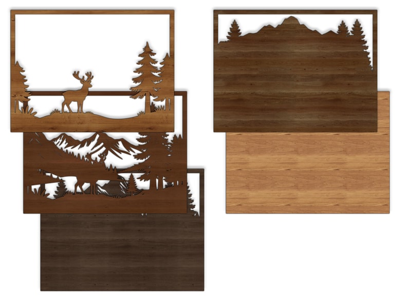 May include: Wooden wall art pieces featuring nature scenes. One piece depicts a deer in a forest, another shows mountains and trees, and a third showcases a mountain range. The art is made of wood and has a natural finish.