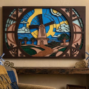 Pliki wycinane laserowo: Warstwowe okno wiatraka SVG, DXF, wektor, szablon, dom wiejski, sztuka ścienna, wystrój