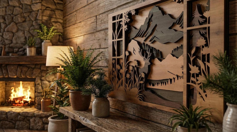 May include: A wooden wall art piece with a mountain scene, framed by a window-like design. The artwork is displayed above a rustic wooden shelf with potted plants. A fireplace with a burning fire is in the background.
