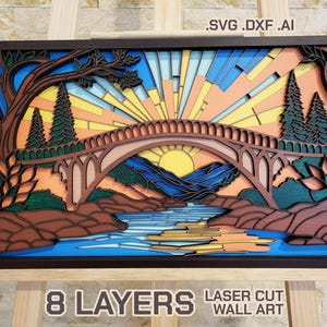Laser Schnitt Dateien: Geschichtete Sunrise Brücke SVG, DXF, Vektor, Vorlage, Bäume Landschaft Wandkunst