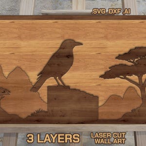 Laserskärningsfiler: Layered Crow Bird SVG, DXF, Vektor, Mall, Korp, Sten, Väggkonst