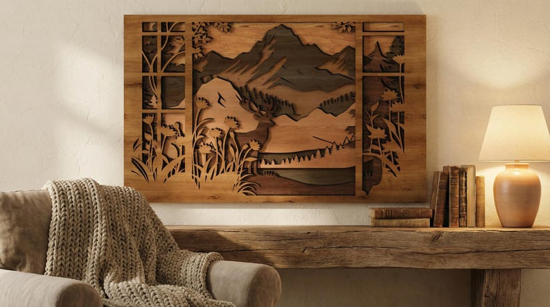 May include: Wooden wall art depicting a mountain landscape scene. The artwork is made of layered wood, creating a 3D effect. The color palette includes shades of brown and tan. The artwork is displayed above a wooden console table.