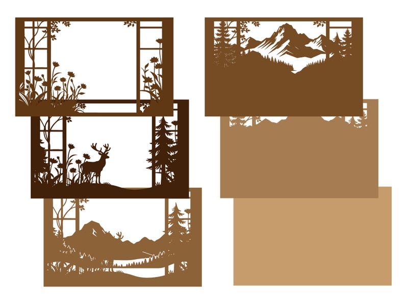 May include: A collection of brown paper cutouts featuring nature scenes. Designs include a deer in a forest, mountains, trees, and floral arrangements. The cutouts are rectangular and have intricate details.