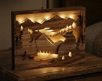 Laser Cut Shadow Box SVG, DXF : Layered Bear Mountain Scene, 3D Multilayer Nature Template