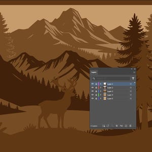 May include: A brown silhouette of a mountain landscape with trees and a deer. The image has a layered effect, with a software interface showing the layers. The overall theme is nature and outdoors.