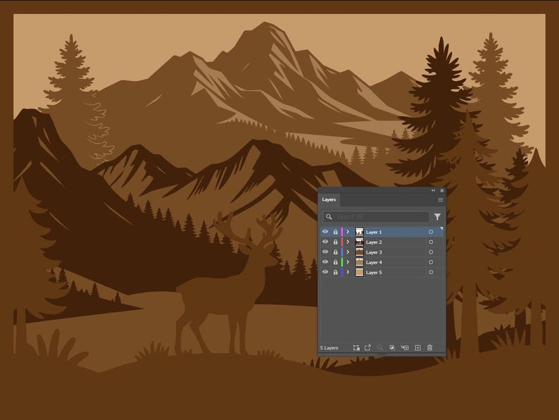 May include: A brown silhouette of a mountain landscape with trees and a deer. The image has a layered effect, with a software interface showing the layers. The overall theme is nature and outdoors.