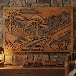 Laser Cut Files : Layered Mountain Railway SVG,  DXF, Vector, Train Track, Landscape, Travel, WallArt