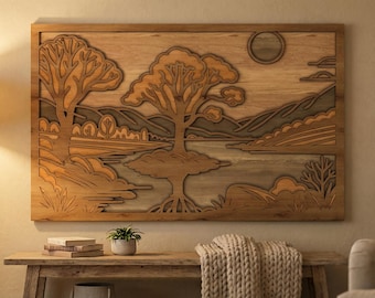 Laser Cut Files : Layered River Landscape SVG,  DXF, Vector, Template, Nature Landscape, Tree, Lake