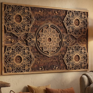 May include: A large, intricately carved wooden wall art piece. The artwork features a repeating floral mandala design in shades of brown and tan. The piece is rectangular and framed, adding a touch of natural elegance to any space.