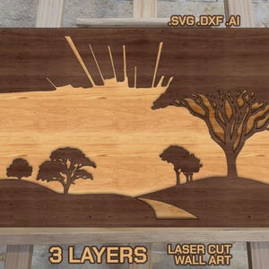 Laserschnitt-Dateien: Geschichtete Landschaft SVG, DXF, Vektor, Vorlage, Bäume & Sonnenaufgang, Natur Wandkunst
