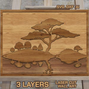 Laser Cut Files : Layered Tree Island Reflection SVG, DXF, Vector, Template, Lake Landscape