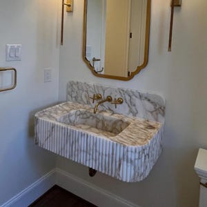 Calacatta Gold Marble Fluted Sink: Floating Vanity with Backsplash
