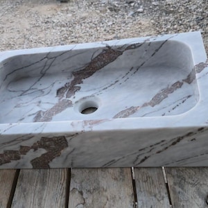 Rectangular Gray Marble Sink with Natural Veining – Modern Stone Bathroom Vanity Basin – Artisan Carved, Ready to Ship, Luxury Feel