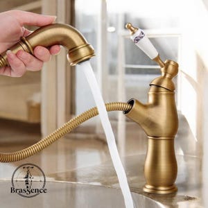 Könnte beinhalten: Antike Küchenarmatur aus Messing mit ausziehbarer Spritze. Die Armatur hat einen weißen Griff mit floralem Design und einen flexiblen Schlauch. Wasser fließt aus der Spritze. Der Markenname "Brassence" ist unten sichtbar.