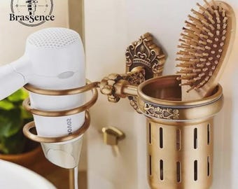 Antique Brass Hair Dryer Holder | Nail-Free Wall-Mounted Bathroom Organizer | Spiral Stand with Toothbrush Holder