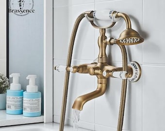 Antique Brass Bathtub Shower Faucet Set – Wall Mounted Swivel Spout