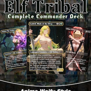 May include: A set of three trading cards titled Elf Tribal Complete Commander Deck. The cards feature anime-style illustrations of elf characters, including Lathril, Blade of the Elves, Poison-Tip Archer, and Ruthless Winnower, with text.