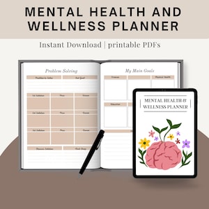 Planificateur de santé mentale et de bien-être imprimable, planificateur numérique de santé mentale, cahier de bien-être, feuille de travail de thérapie, gestion de l&#39;anxiété