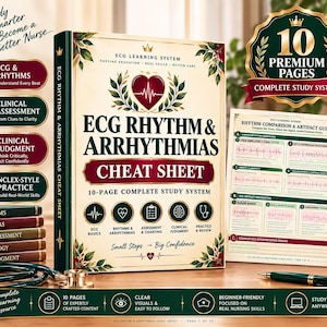May include: A nursing education study system titled ECG Rhythm & Arrhythmias Cheat Sheet. The set includes a 10-page guide, a stack of five bound books, and a rhythm comparison chart. Features include a stethoscope, a pen, and a mug with a heart icon.