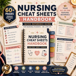May include: A spiral-bound Nursing Cheat Sheets Handbook with a cream cover, featuring a stethoscope, heart icon, and clipboard graphic. It is surrounded by reference cards for lab values, ECG rhythms, medication, and emergency clinical guides.