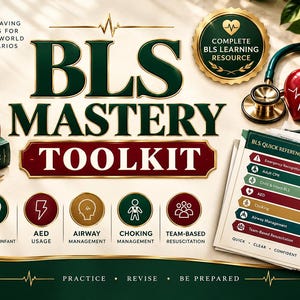 Puede incluir: Un conjunto educativo BLS Mastery Toolkit que incluye una pila de libros etiquetados como CPR, AED y Emergency Care, un estetoscopio, un modelo de corazón y una guía de referencia rápida con secciones sobre reanimación y emergencias.