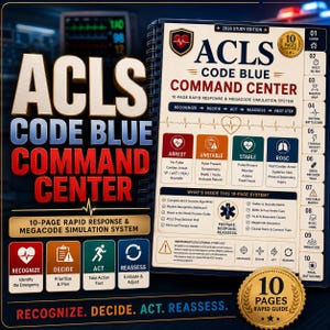May include: A spiral-bound ACLS Code Blue Command Center 10-page rapid response and megacode simulation study guide. The cover features a medical heart icon, text detailing cardiac arrest protocols, and a numbered index from 1 to 10.