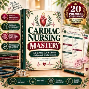 May include: A Cardiac Nursing Mastery study system book with a heart illustration, ECG lines, and text. Includes a stack of four books, a stethoscope, a pen, and study pages titled The Rhythm Master Matrix with 20 premium study pages.
