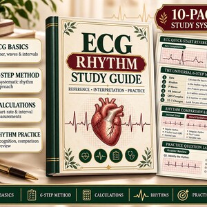 Puede incluir: Un libro de guía de estudio del ritmo ECG con una ilustración central de un corazón humano y una línea de ECG. La portada presenta el texto ECG RHYTHM STUDY GUIDE, REFERENCE, INTERPRETATION, PRACTICE e incluye un sistema de estudio de 10 páginas.
