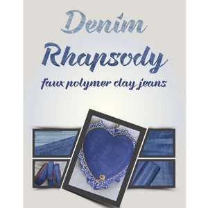 May include: A blue denim heart-shaped pillow with a gold trim and a decorative design. The pillow is surrounded by smaller images of denim fabric.