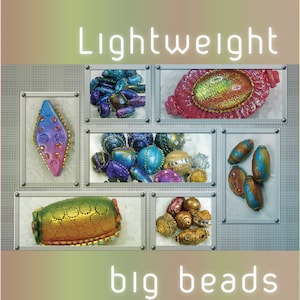 May include: Assortment of colorful, lightweight, large beads. The beads are made of glass and have a variety of finishes, including iridescent, metallic, and textured. The beads are arranged in a grid pattern on a silver background. The text "Lightweight big beads" is displayed at the top and bottom of the image.