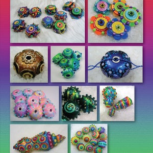 Può includere: Una collezione di perline colorate in argilla polimerica con vari disegni, tra cui fiori, punti e vortici. Le perline sono disposte in uno schema a griglia su uno sfondo bianco. Il testo "Lampwork" e "on polymer clay" è visualizzato sopra e sotto le perline.