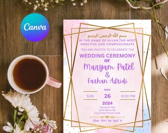 Elegante islamische Nikkah-Einladung: Traditionelle muslimische Hochzeitskarte (Bearbeitbare Canva-Vorlage zum sofortigen Download)