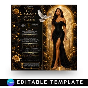 May include: A funeral program template featuring black and gold floral borders, a white dove, and a central image of a person in a black off-the-shoulder gown standing before a golden arched gate. Text includes In Loving Memory of Amanda James Carter.