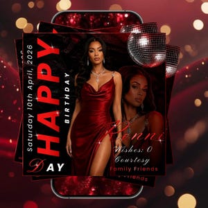 May include: A digital birthday invitation flyer featuring a person in a red satin cowl-neck dress with a high slit, wearing a silver necklace. The text reads HAPPY BIRTHDAY, Saturday 10th April, 2026, Ronni, Wishes: 0, Courtesy Family Friends.