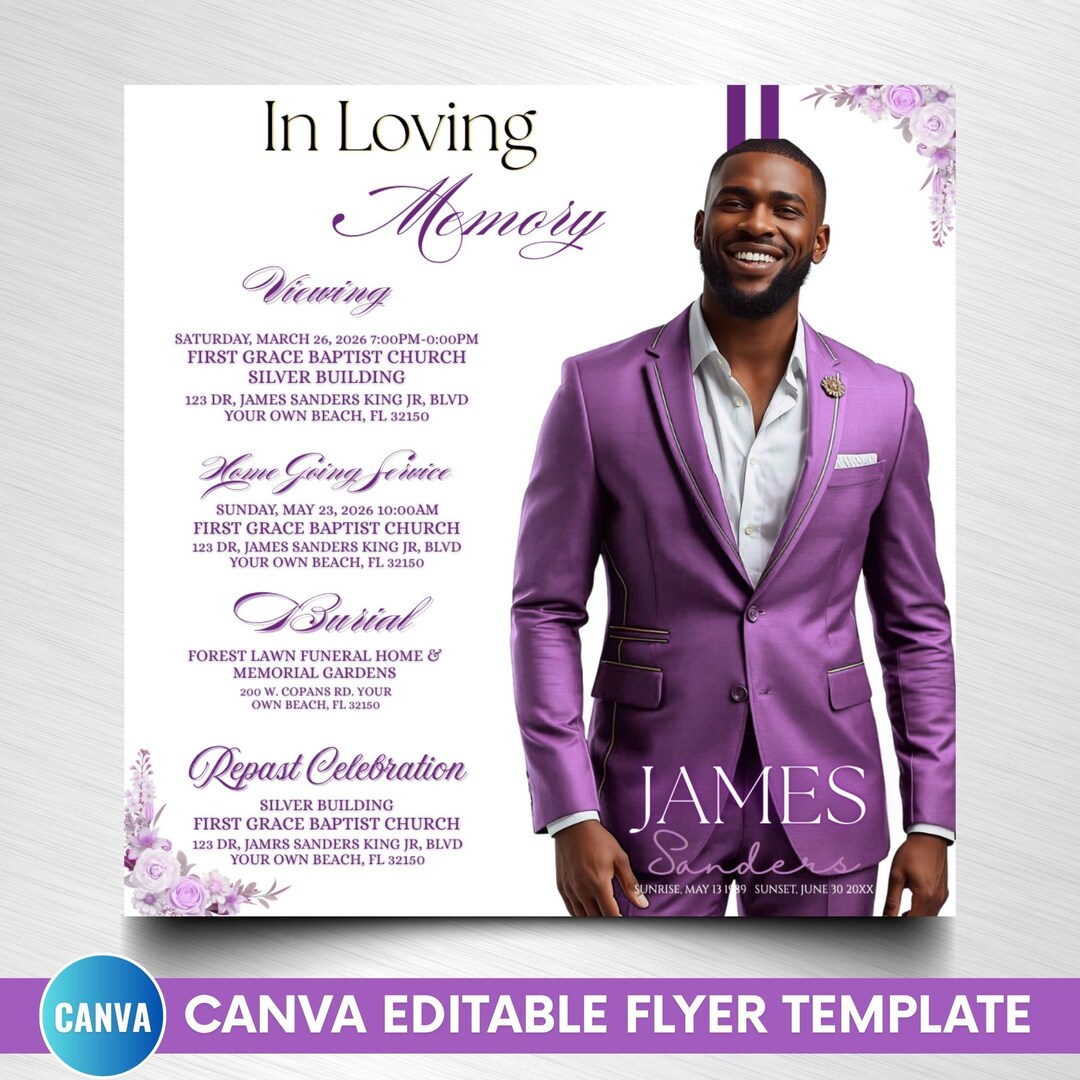 Funeral Invitation Template White Purple Editable Canva, Memorial ...